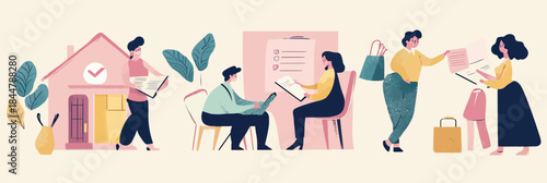 Buying house process vector illustration with people reading contract signing documents shopping bags property concept flat minimalist style
