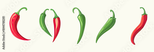 Set of red and green chili peppers isolated flat vector illustration featuring spicy hot cayenne vegetables in minimalist style for food designs