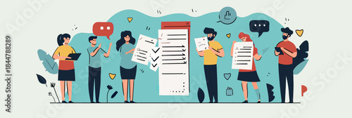 Diverse group of people holding and reviewing customer feedback forms with speech bubbles and rating icons in flat minimalistic vector illustration style