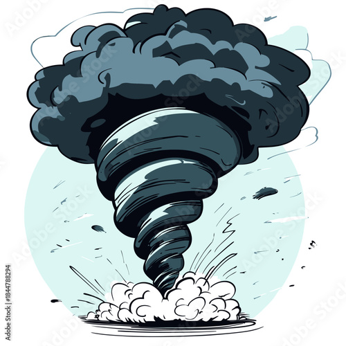 Illustration of twisting dark tornado funnel cloud with swirling debris dust and storm clouds in cartoon style against blue sky background