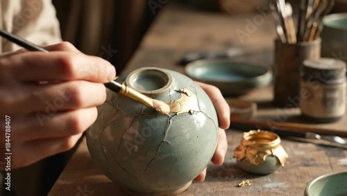 Artisan applying gold lacquer to repair a cracked celadon ceramic vase