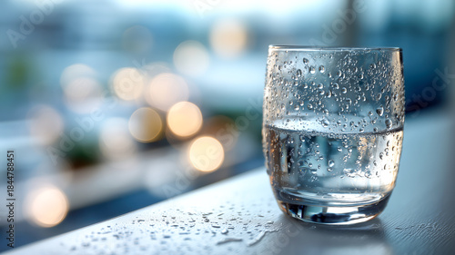 Wallpaper Mural Close-up of a glass filled with water, covered in condensation droplets, sitting on a light-colored surface, bokeh lights in the background. Torontodigital.ca