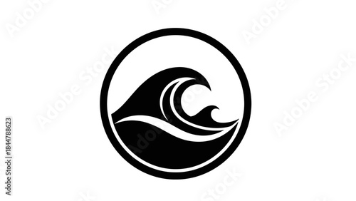 A minimalist black and white circular logo featuring stylized ocean waves.