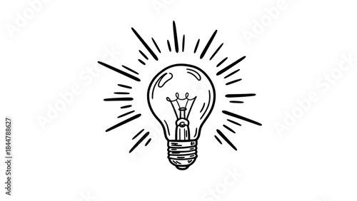 A hand-drawn illustration of a glowing incandescent light bulb with radiating lines symbolizing an idea or inspiration.