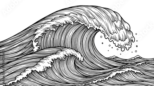Detailed black and white engraving style illustration of powerful ocean waves crashing with foam and spray.