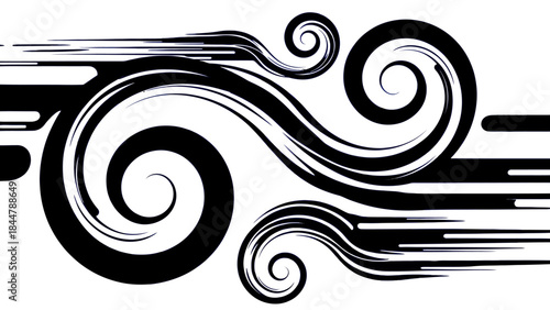 Abstract black swirling lines and shapes creating a dynamic and energetic visual pattern on a white background.