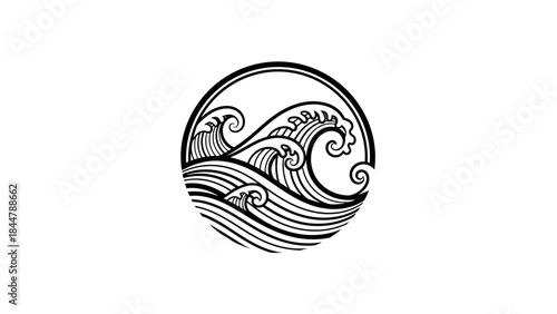 A circular emblem featuring stylized black and white waves, evoking a sense of motion and the power of the ocean.