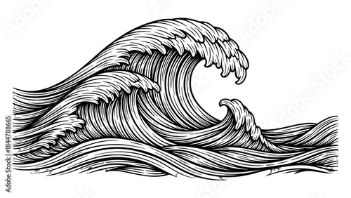 A powerful and detailed black and white illustration of ocean waves crashing with intricate line art.
