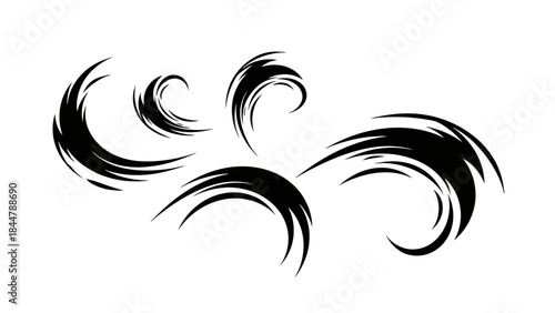 A collection of five abstract black brush stroke elements resembling swirling waves or gusts of wind.