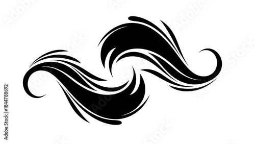 Two black abstract swirling shapes with sharp curves and pointed ends, forming a symmetrical decorative graphic design element.
