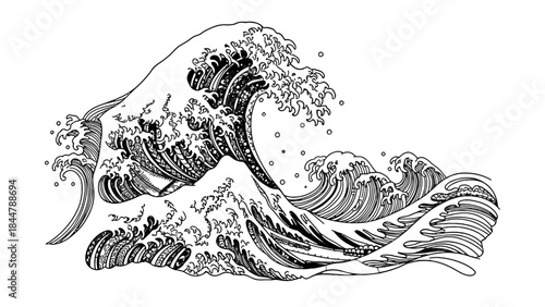 Detailed black and white line art illustration of a powerful ocean wave crashing, inspired by traditional Japanese ukiyo-e woodblock prints.