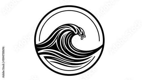 Stylized black and white illustration of a powerful ocean wave with water droplets, enclosed within a circular border, depicting movement and nature.