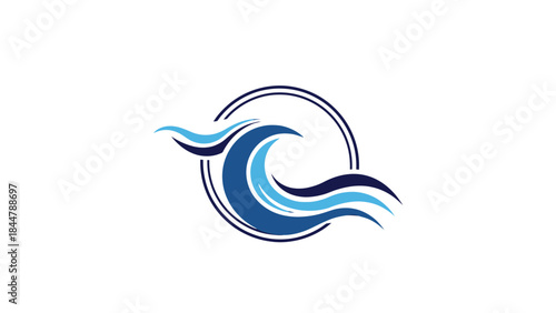 Abstract blue wave design with a circular outline, symbolizing water and movement.