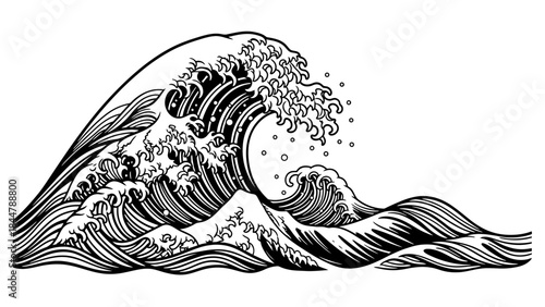 A dramatic black and white illustration of a large, powerful ocean wave cresting with foam and spray.