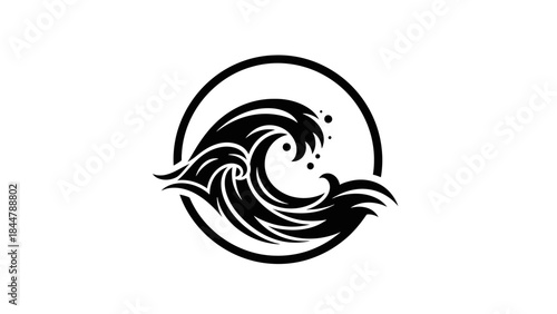Ocean Wave Emblem: A striking black and white emblem of a powerful ocean wave, a symbol of nature's raw energy and the sea's unending motion, framed in a simple circle.