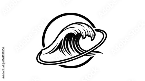 Ocean Wave Emblem: A captivating graphic presents a dynamic ocean wave, meticulously crafted within a circular emblem, symbolizing the raw power and beauty of the sea.