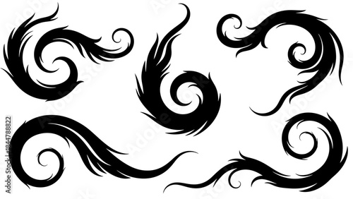 Swirl Ornaments Silhouette: Elegant black swirl ornaments, perfect for adding a touch of artistic flair to any project. These vector elements can enhance any design.