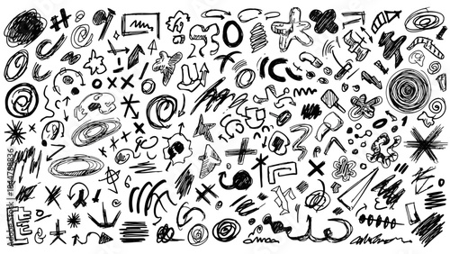 Ink Marks: An assorted collection of various black ink marks, including doodles and sketches, representing different forms and expressions. 
