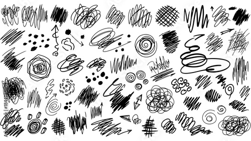 Diverse Doodle Collection: A dynamic assortment of hand-drawn scribbles, hatch marks, and intricate designs, perfect for adding texture and visual interest to any project.