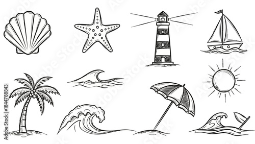 Coastal Icons: A collection of meticulously drawn coastal illustrations, evoking the serene beauty and joy of the seaside, perfect for conveying themes of travel and relaxation.