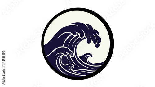 Ocean Wave Icon: A minimalistic depiction of a crashing ocean wave, captured in a serene circular frame. It's a symbol of power, motion, and the natural world.