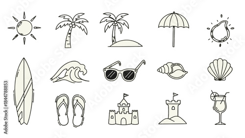Summer Icons Illustration: A collection of beach-themed icons, depicting summer essentials such as a surfboard, sunglasses, and a cocktail, perfectly capturing the essence of sunny days.