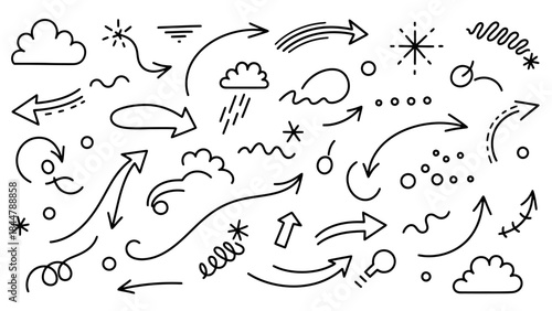 Artistic Direction Elements: An array of artistic directional arrows, complemented by stylized weather icons like clouds and stars, arranged in a visually engaging and cohesive layout. 