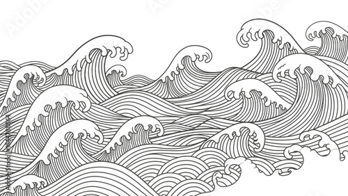 Ocean Waves: a monochrome art piece featuring the dynamic patterns of ocean waves, with meticulously drawn lines creating the illusion of movement and depth. 