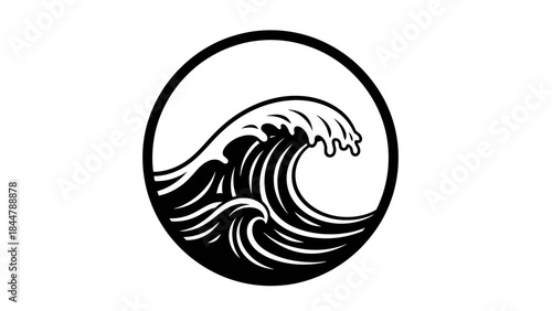 Ocean Wave Symbol: A minimalist depiction of a powerful ocean wave, cresting and curling within a circular frame, symbolizing the force and beauty of the sea.