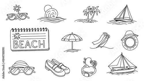 Coastal Charms: Capturing the essence of a serene beach getaway, this illustration showcases sun-kissed essentials like sunglasses, inviting waves, a palm tree, a sailboat, and an umbrella.
