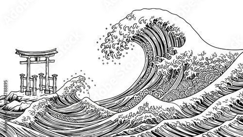 The Great Wave: A monochrome representation of a colossal wave crashes, its crest poised to engulf a traditional Japanese torii gate, capturing the raw power and beauty of nature. 