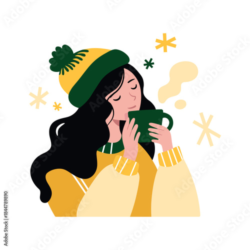 A girl in a warm sweater drinks hot tea. Winter flat illustration. Christmas, New Year concept. Vector isolated on white.