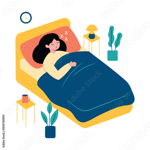 Young woman sleeping in bed. Sweet dreams. Healthy sleep concept. World Sleep Day. Vector flat illustration isolated on white.