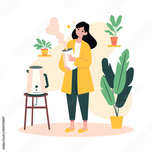 Young woman with humidifier. Woman with air purifier. Girl with water turned into steam. Comfort and coziness indoor for easy breathing. Cartoon flat vector illustration isolated on white background.