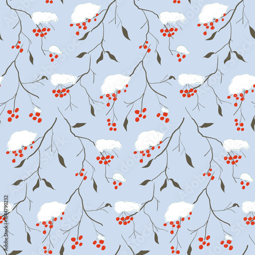Tree branches with berries and snow pattern
