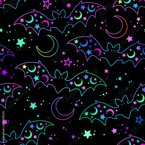 Neon bats decorated with stars on a black background