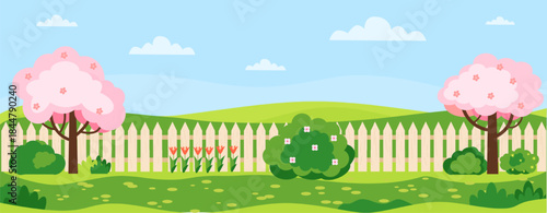 Spring landscape with blossom trees. Horizontal banner with garden landscape at spring. Trees, bushes, grass, tulips.