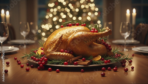 Golden turkey centerpiece, decorated with rosemary and cranberries, blurred Christmas.