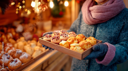 Woman in winter clothes holding a tray of assorted muffins and pastries at a festive outdoor market stall