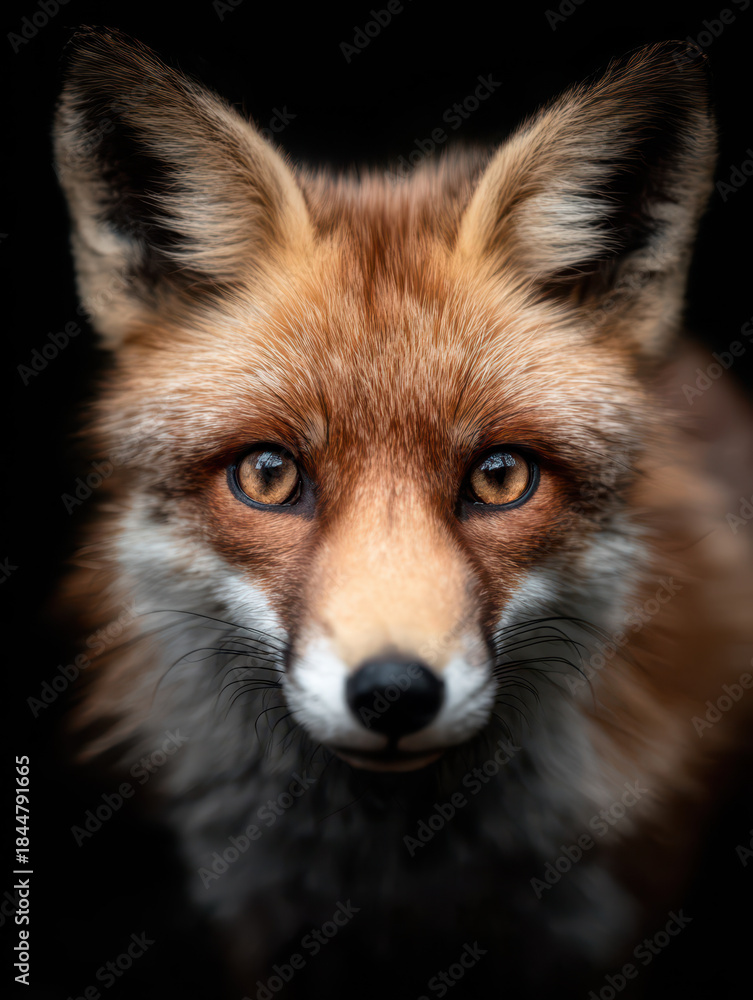 Obraz premium Close up portrait of a red fox before a black background