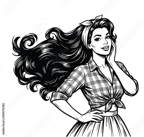 Retro Pin Up Woman Illustration – Vintage Black and White Line Art