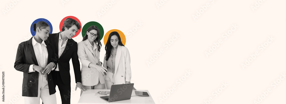 Fototapeta premium Four professionals dressed in business attire gather around a table, discussing ideas and reviewing materials. They focus intently on a laptop while sharing insights in a modern workspace.