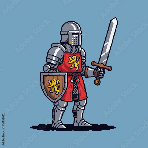armored pixel knight with lion crest