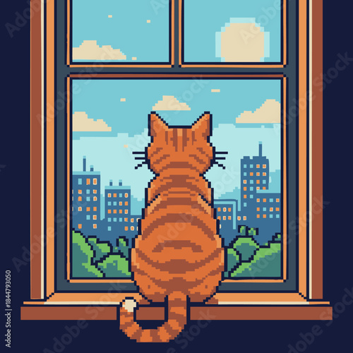 8 bit cat watches over a pixel city