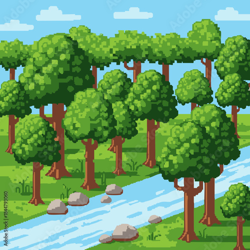 8 bit forest river video game scenery