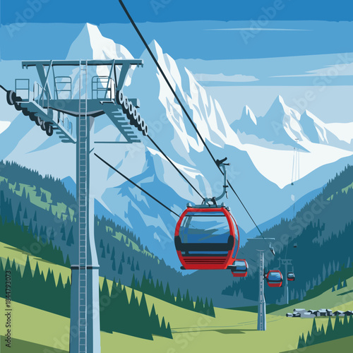 alpine gondola ascent to snowy peaks