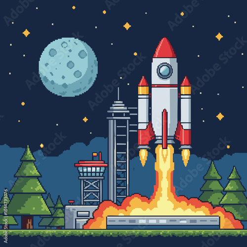8 bit rocket launch under starry night