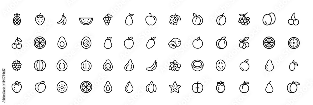 Naklejka premium Fruit Food Icon Set, Black Glyph Silhouettes of Pineapple, Strawberry, Banana, Watermelon, Grapes, Mango, Blueberries, Peach, Cherry, Lemon, Avocado, Kiwi, Fresh Produce Illustration