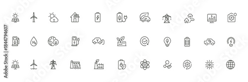 Renewable and clean energy line icon set showcasing solar, wind, hydrogen, EV charging, low-emission grid systems, smart power infrastructure, green technology, modern eco power solutions