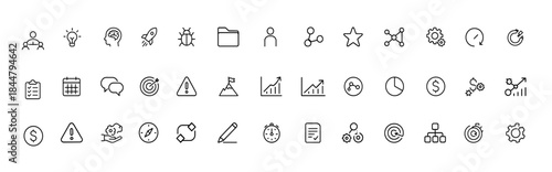 Project management vector icon set, glyph pictograms for team collaboration, task planning, idea brainstorming, bug tracking, approval workflow, folders, connections, black silhouette symbols